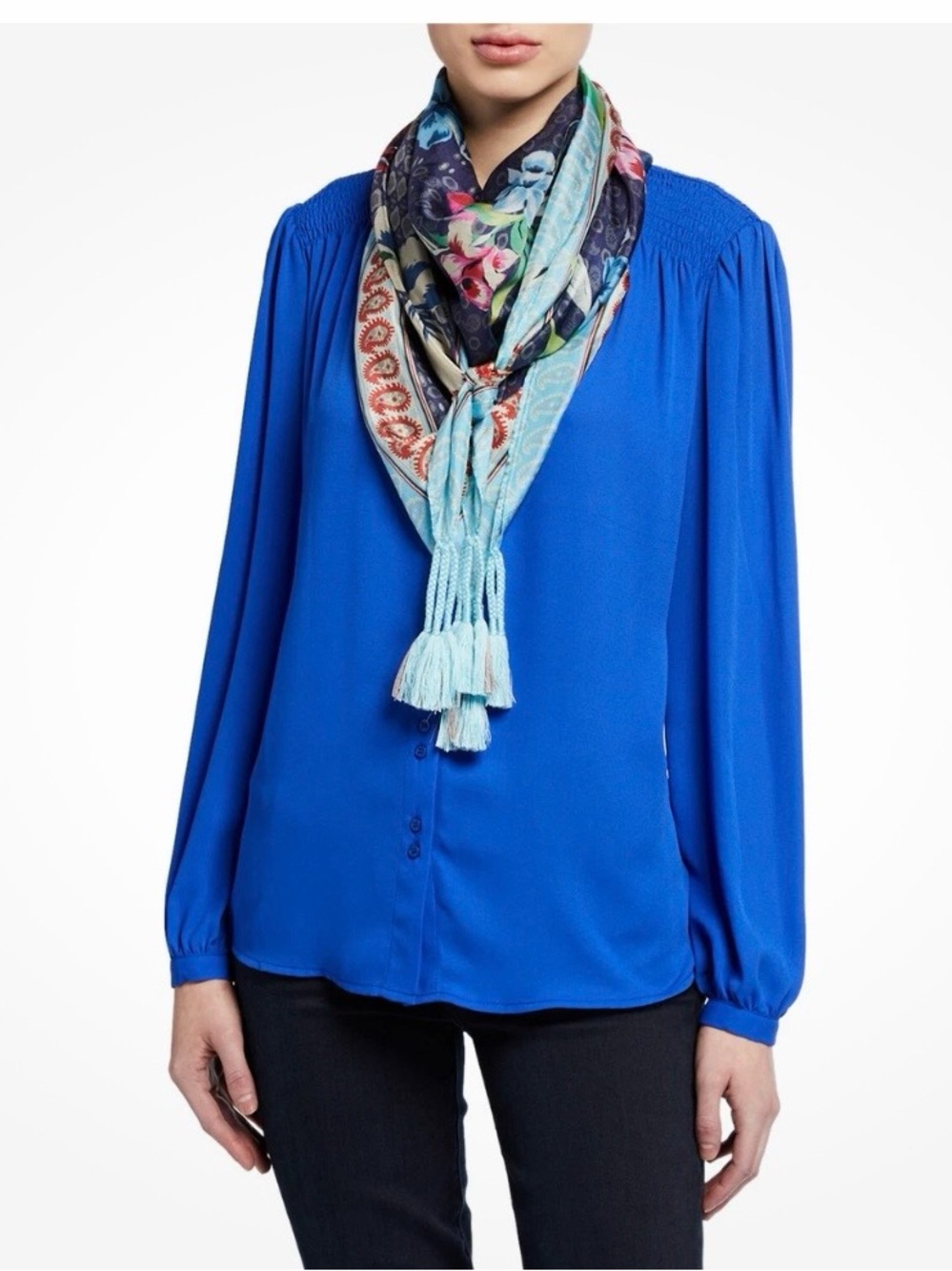 Johnny Was Blue Laska Printed Silk Floral Scarf, NWT and Box